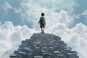 A young student walking on books suspended in the sky, towards a distant schoolhouse. Generative AI photo