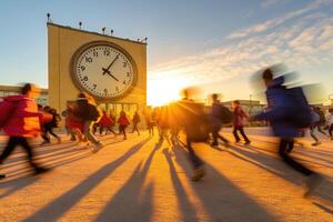 A massive alarm clock in a schoolyard with children eagerly running towards it. photo