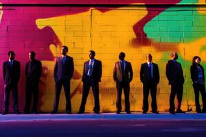 A diverse group of business professionals standing against a vibrant, colorful graffiti wall. photo