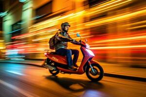 Close - up image, a delivery man is riding his scooter motorcycle through the city streets at night. Generative AI photo