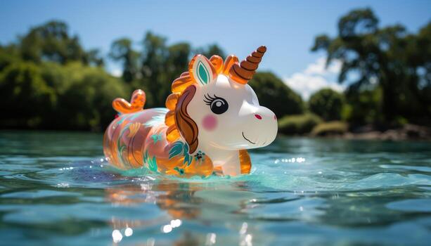 Summer Fun - Colorful Inflatable Unicorn Floating on Turquoise Pool. photo