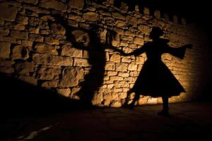 A dramatic image showcasing the silhouette of a witch cast by candlelight onto an old stone wall. photo