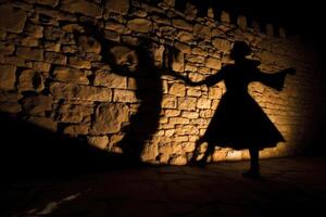 A dramatic image showcasing the silhouette of a witch cast by candlelight onto an old stone wall. Generative AI photo