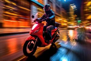 Close - up image, a delivery man is riding his scooter motorcycle through the city streets at night. Generative AI photo