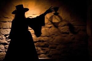 A dramatic image showcasing the silhouette of a witch cast by candlelight onto an old stone wall. Generative AI photo