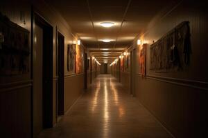 An atmospheric shot of a long, dimly lit hallway adorned with vintage Halloween decorations. photo