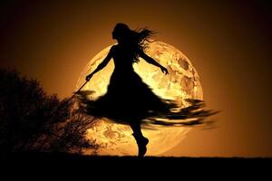 A daring silhouette shot of a witch against the backdrop of a massive, glowing moon. Generative AI photo