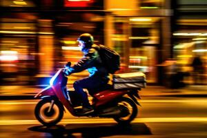 cerca - arriba imagen, un entrega hombre es montando su scooter motocicleta mediante el ciudad calles a noche. generativo ai foto