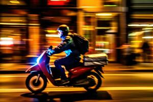 Close - up image, a delivery man is riding his scooter motorcycle through the city streets at night. Generative AI photo