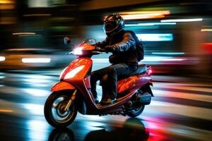 Close - up image, a delivery man is riding his scooter motorcycle through the city streets at night. Generative AI photo