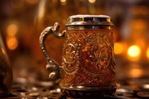 A close - up photo of a traditional Oktoberfest beer stein filled with frothy beer.