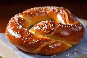 A close - up photo of a traditional Oktoberfest pretzel, freshly baked and golden brown. Generative AI