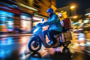 Close - up image, a delivery man is riding his scooter motorcycle through the city streets at night. Generative AI photo