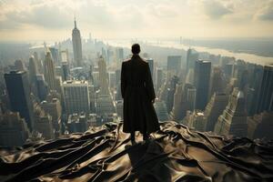 A dramatic image of a businessman standing on the edge of a skyscraper, his coat fluttering like a superhero cape in the wind. photo