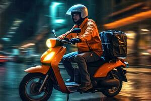 Close - up image, a delivery man is riding his scooter motorcycle through the city streets at night. Generative AI photo