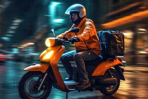 Close - up image, a delivery man is riding his scooter motorcycle through the city streets at night. Generative AI photo