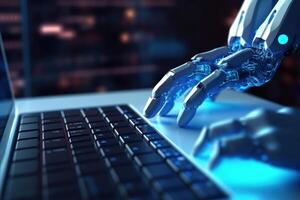 Close up photo. A futuristic robot in typing with a laptop. photo
