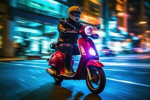 cerca - arriba imagen, un entrega hombre es montando su scooter motocicleta mediante el ciudad calles a noche. generativo ai foto