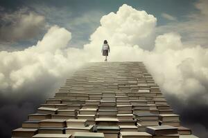 A young student walking on books suspended in the sky, towards a distant schoolhouse. Generative AI photo