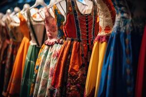 A close - up photo of a group of traditional Oktoberfest dirndl dresses, showcasing their vibrant colors and intricate details.