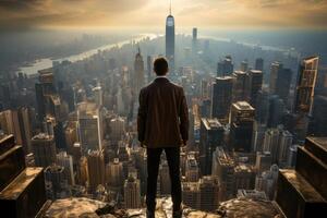 A businessman standing alone on the rooftop of a skyscraper, his back turned to the camera as he overlooks the city. photo