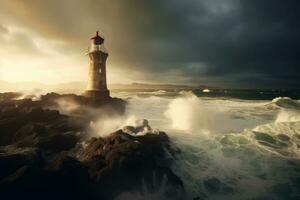 A solitary lighthouse stands against the backdrop of a stormy sea. Generative AI photo