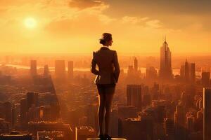 un joven mujer de negocios soportes encima un rascacielos, mirando fuera terminado un bullicioso metrópoli como el Dom Me lo pido abajo el horizonte. generativo ai foto