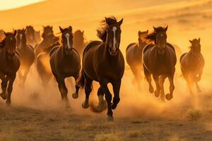 A herd of wild horses gallops freely across a prairie, dust rising in their wake under the setting sun. Generative AI photo