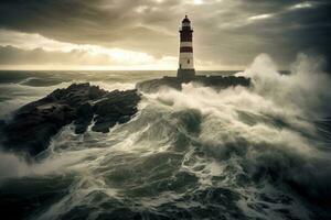 A solitary lighthouse stands against the backdrop of a stormy sea. Generative AI photo