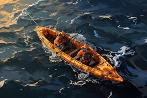 Aerial view, two people sailing on a small boat. photo