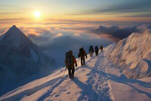 en un escabroso montaña camino, un grupo de caminantes asciende hacia el nieve - tapado pico en el distancia. generativo ai foto
