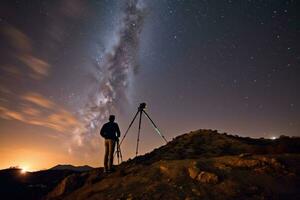 un astrónomo perchas en un colina, su telescopio puntiagudo hacia el noche del cielo celestial cuerpos. generativo ai foto