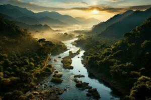 Bird's - eye view of a dense tropical rainforest at sunrise. Generative AI photo