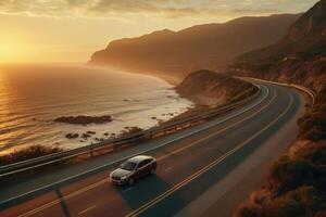 A classic car drives down a coastal highway at sunset. Generative AI photo