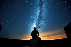 An astrophysicist gazes through a large telescope under the clear night sky. Generative AI photo