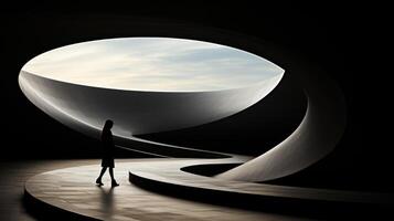 Abstract shot, man walking on a Moebius strip. Generative AI photo