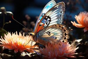 Close - up shot of a wild butterfly resting on a vibrant flower. Generative AI photo