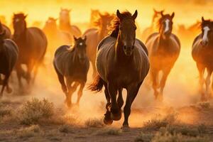 un manada de salvaje caballos galopa libremente a través de un pradera, polvo creciente en su despertar debajo el ajuste Dom. generativo ai foto