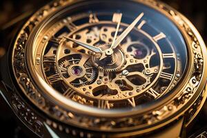 Vintage watch gears and cogs in intricate detail under soft light. photo