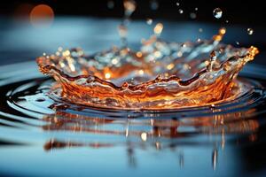 A droplet falling onto a calm water surface. photo