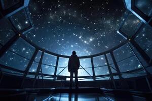 At a high - tech observatory, an astronomer peers through a giant telescope into the star - studded sky. Generative AI photo