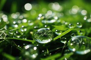 Dewdrops sparkling on a spider web in early morning sunlight. Generative A photo