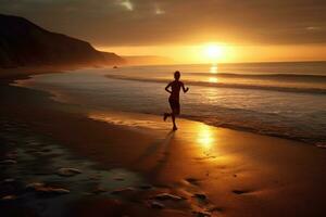 un atleta, corriendo en un aislado playa a el descanso de amanecer. generativo ai foto