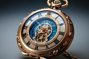 Detailed close - up, vintage pocket watch with intricate designs. Generative AI photo