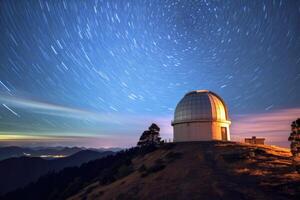 High in the mountains, an observatory dome stands against a starry night sky. Generative AI photo