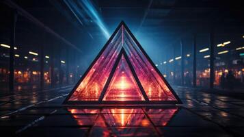 Single neon tetrahedron in a dark room. Generative AI photo