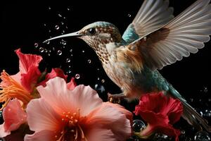 Hummingbird feeding on a vibrant hibiscus flower in a high-speed macro shot. Generative AI photo