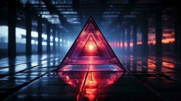 Single neon tetrahedron in a dark room. Generative AI photo