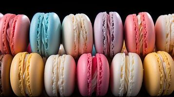 Full view, an array of French macarons, vibrant pastel colors. Generative AI photo