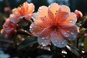 Close - up shot of dew - covered spring blossoms. Generative AI photo